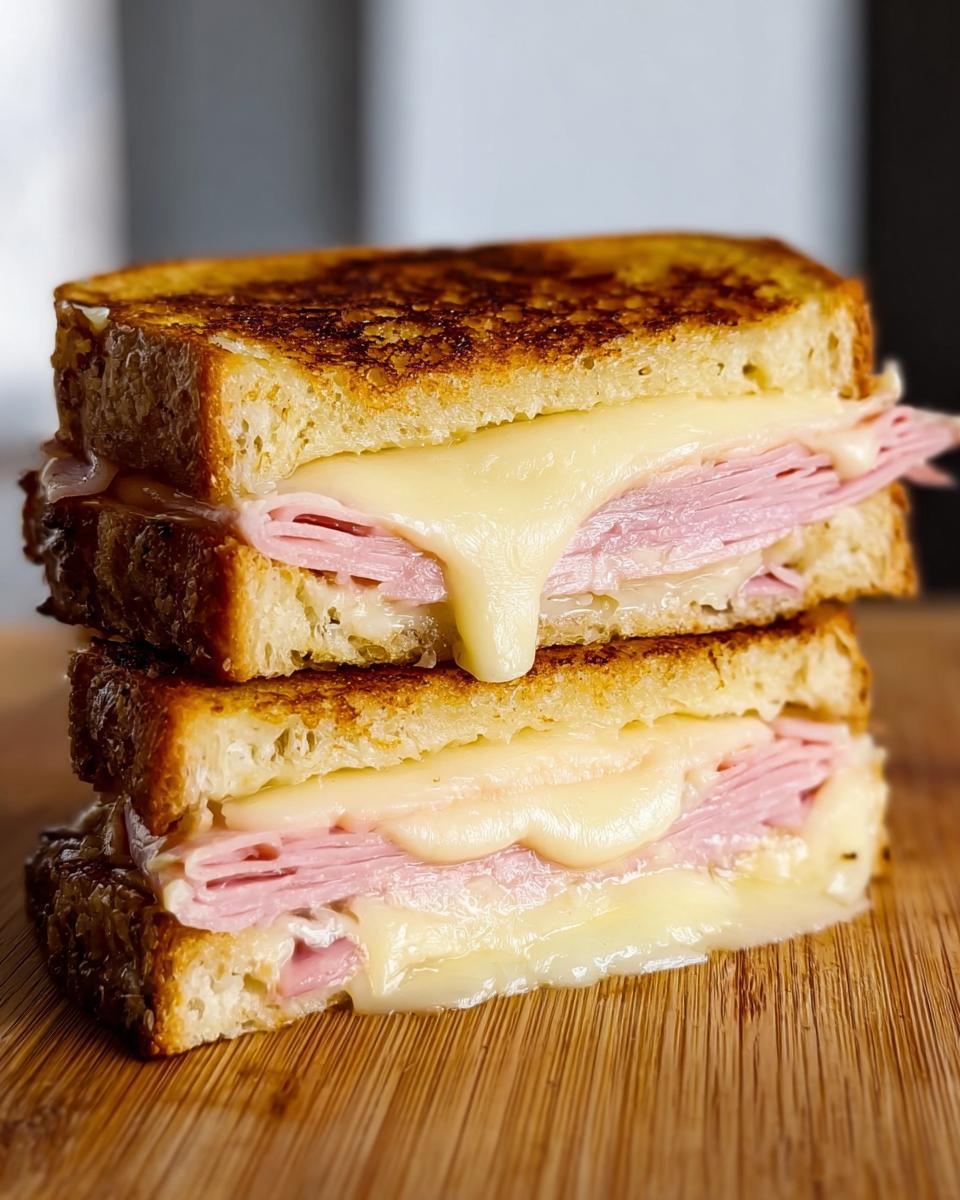 Close-up of a stacked, grilled ham and cheese sandwich with gooey melted cheese oozing out, perfect for sandwich ideas recipes.