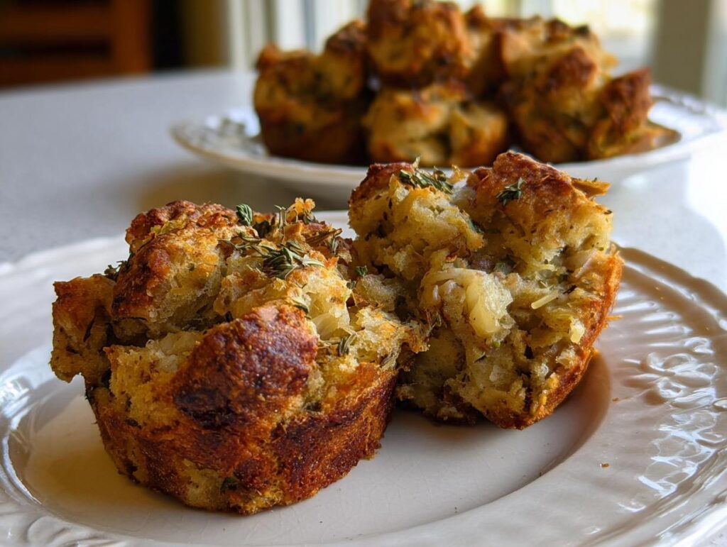 Two golden-brown muffin-tin stuffing portions, split open to show texture, part of The Ultimate Stuffing Recipes Guide.