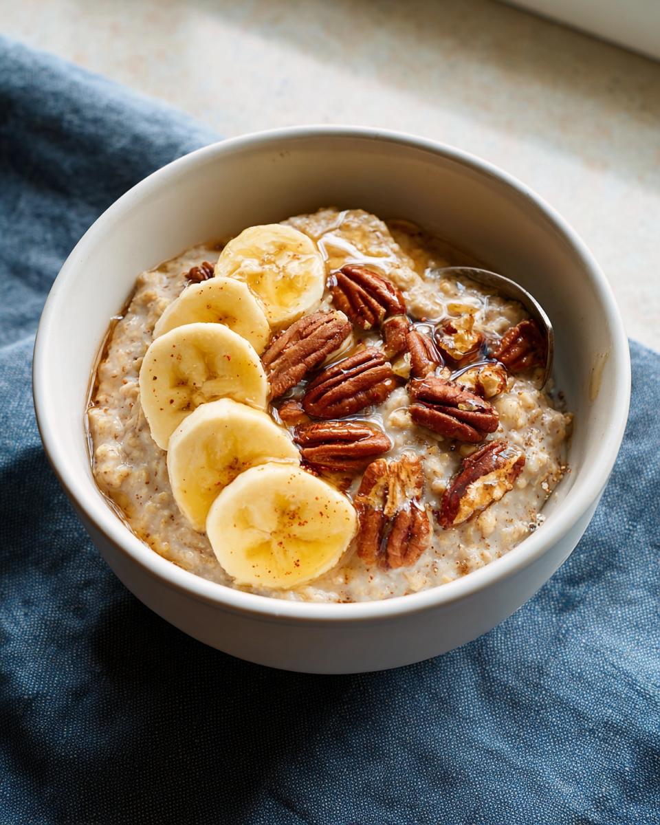 A bowl of creamy oatmeal topped with sliced bananas, pecans, and drizzled with honey, perfect for one of the 12 Genius Breakfast Ideas Recipes Ideas for Busy Weeknights.