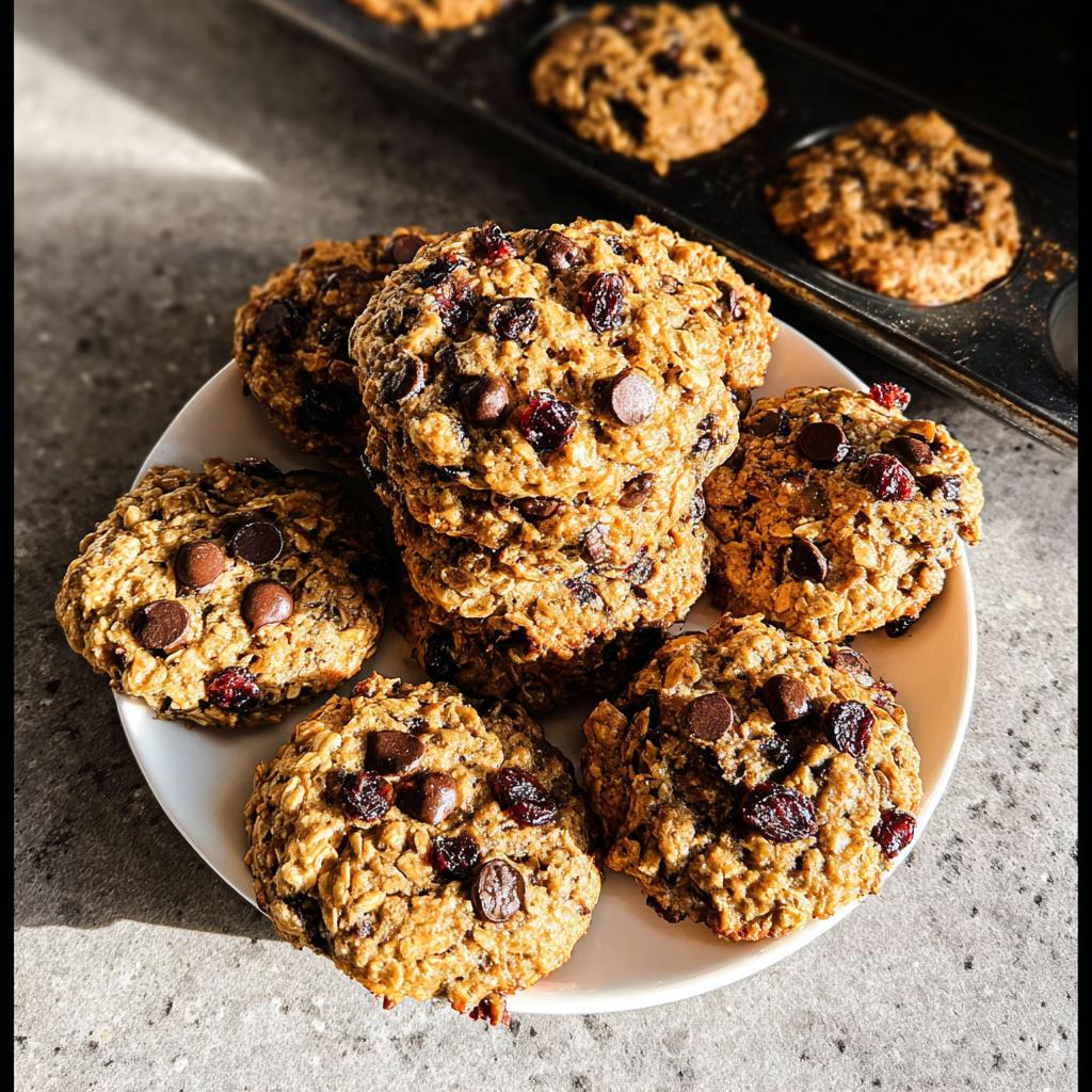 A stack of freshly baked oatmeal cookies with chocolate chips and dried cranberries, perfect for Breakfast Ideas Recipes in 20 Minutes.