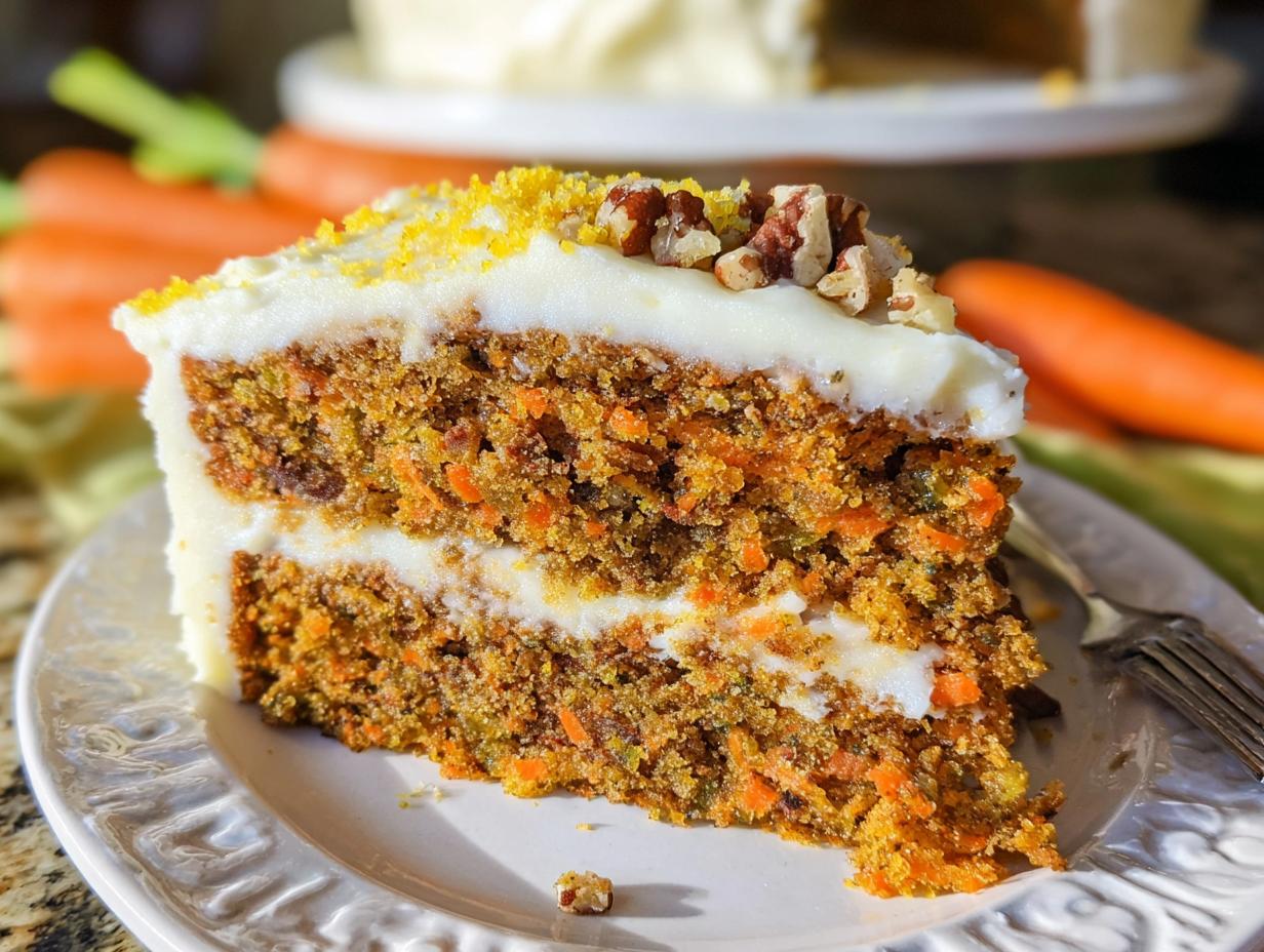 A moist slice of carrot cake with cream cheese frosting, topped with pecans and zest, illustrating the Only Cake Ideas Recipes Recipe.