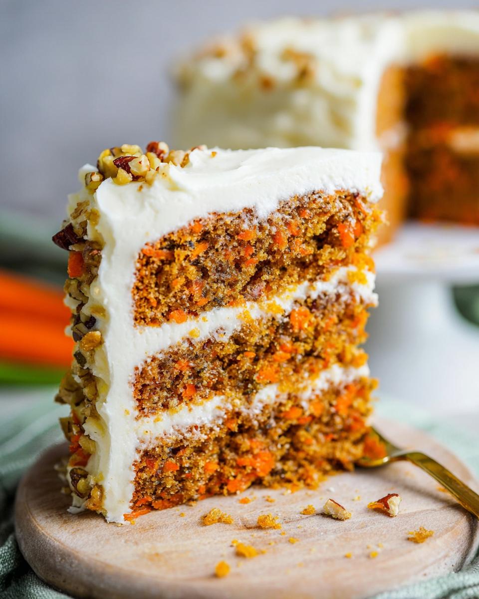 Close-up of a moist, three-layer carrot cake slice with cream cheese frosting and chopped nuts, representing the only cake recipe you'll need.