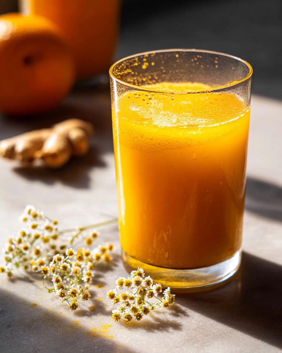 Glass of vibrant orange turmeric or ginger health shot next to fresh ginger root.