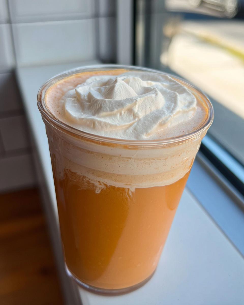 Close-up of an orange-colored blended drink topped with whipped cream, resembling Restaurant-Style Starbucks Drinks Recipes at Home.
