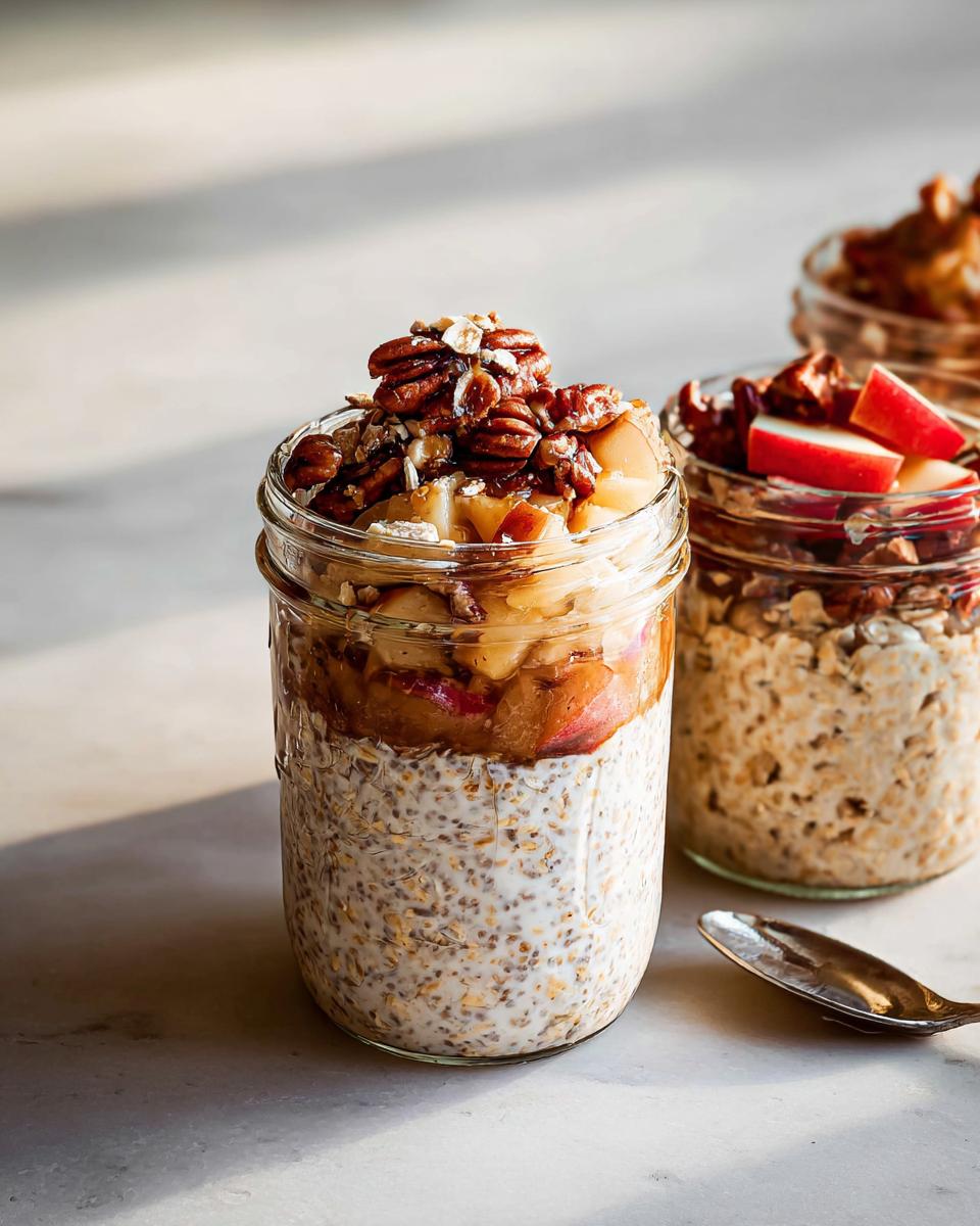 Close-up of apple pecan overnight oats in a mason jar, a great example of healthy meals recipes.