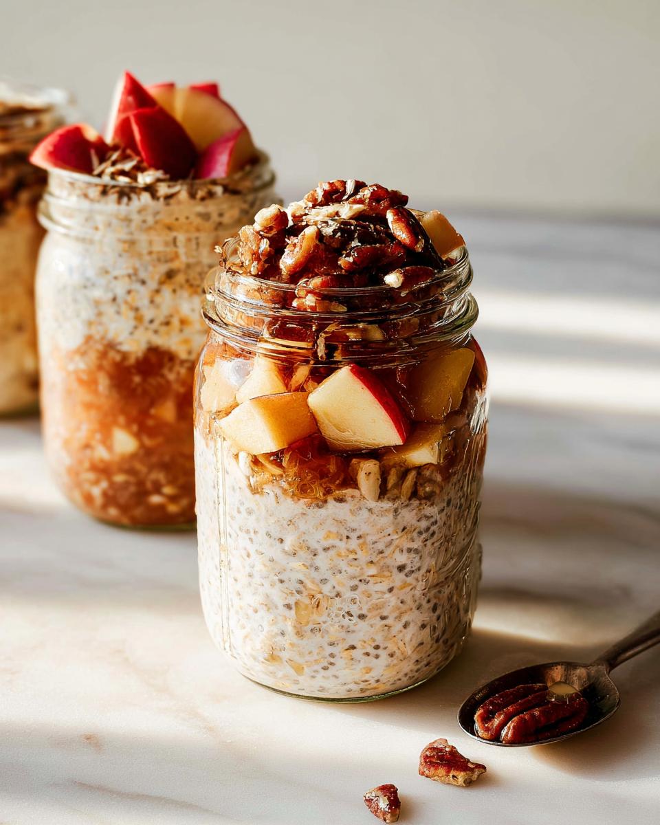 Close-up of overnight oats in a mason jar topped with apples and pecans, illustrating healthy meals recipes.