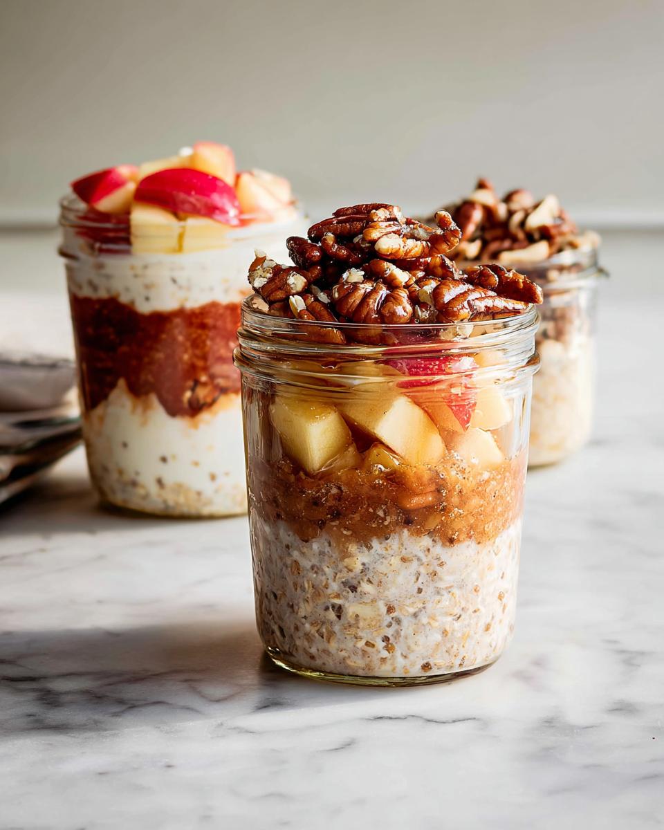 Three jars of overnight oats, layered with fruit and topped with pecans, showcasing healthy meals recipes.