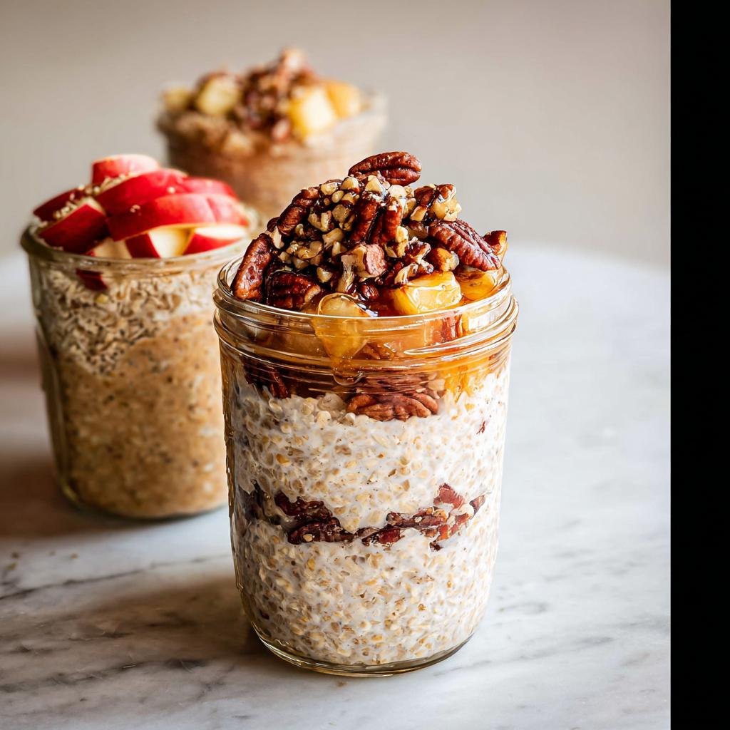 Close-up of pecan pie overnight oats in a jar, a great example of healthy meals recipes.