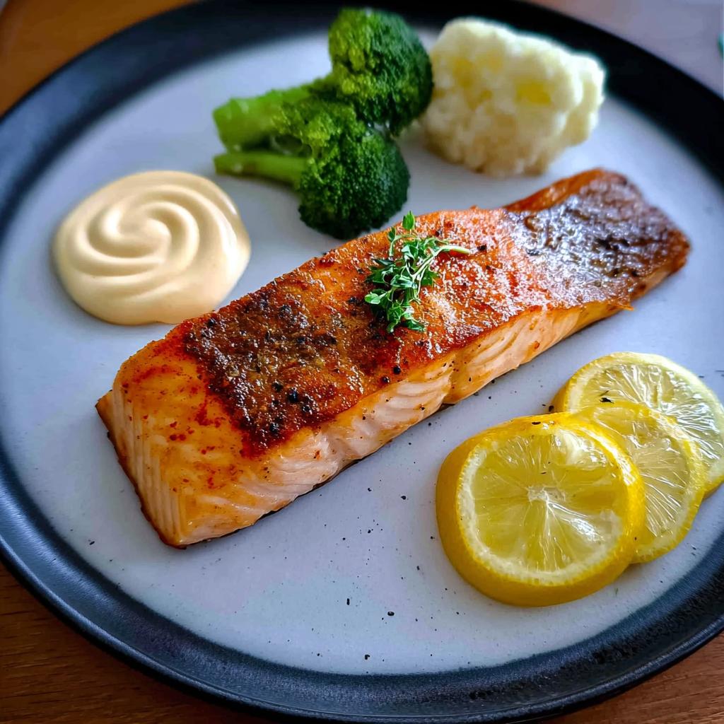 A perfectly cooked salmon fillet served with steamed broccoli, cauliflower, lemon slices, and a swirl of sauce, fitting for 12-Ingredient Salmon Recipes.
