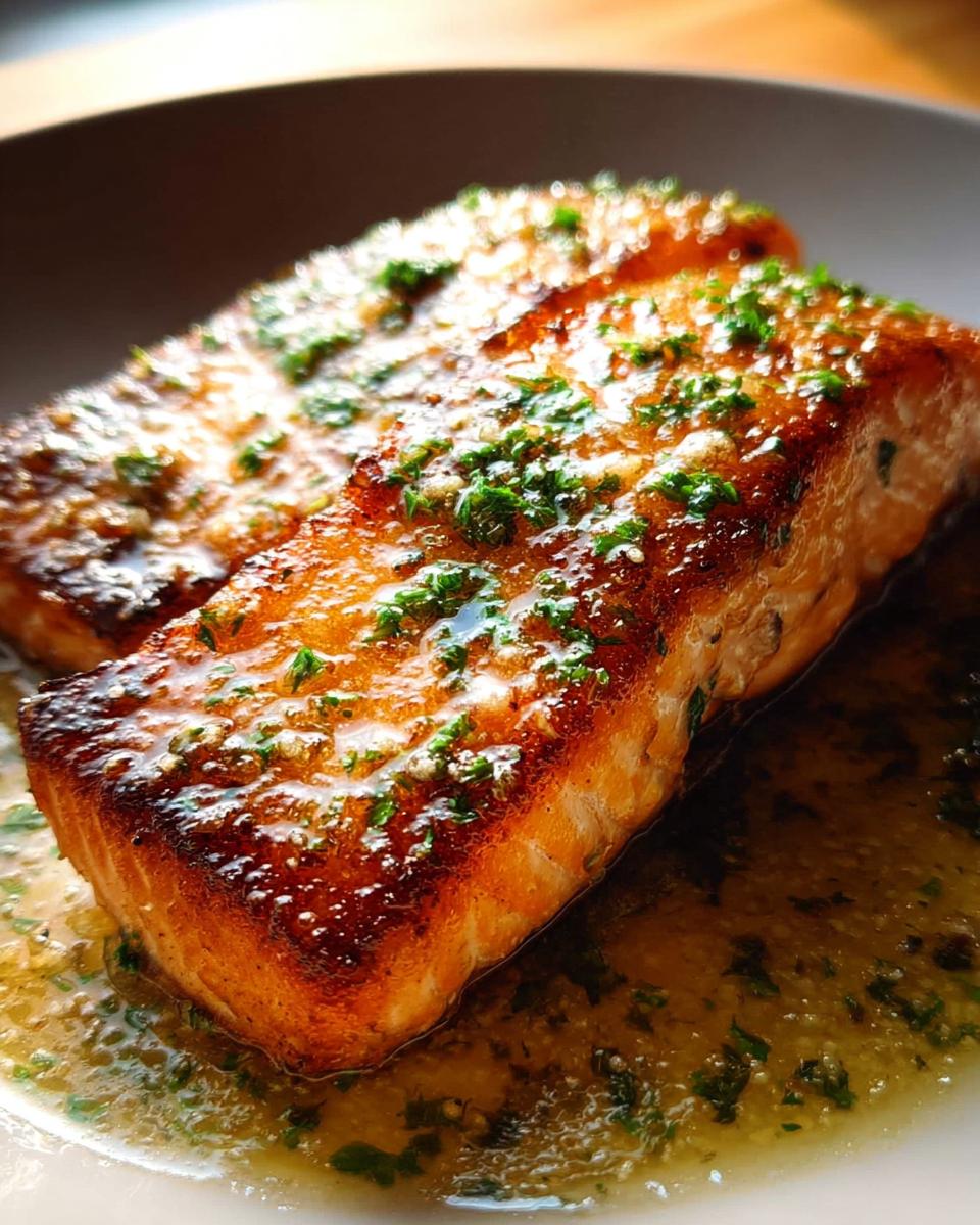 Close-up of perfectly seared salmon fillets topped with a glistening herb butter sauce, ideal for Restaurant-Style Salmon Recipes at Home.
