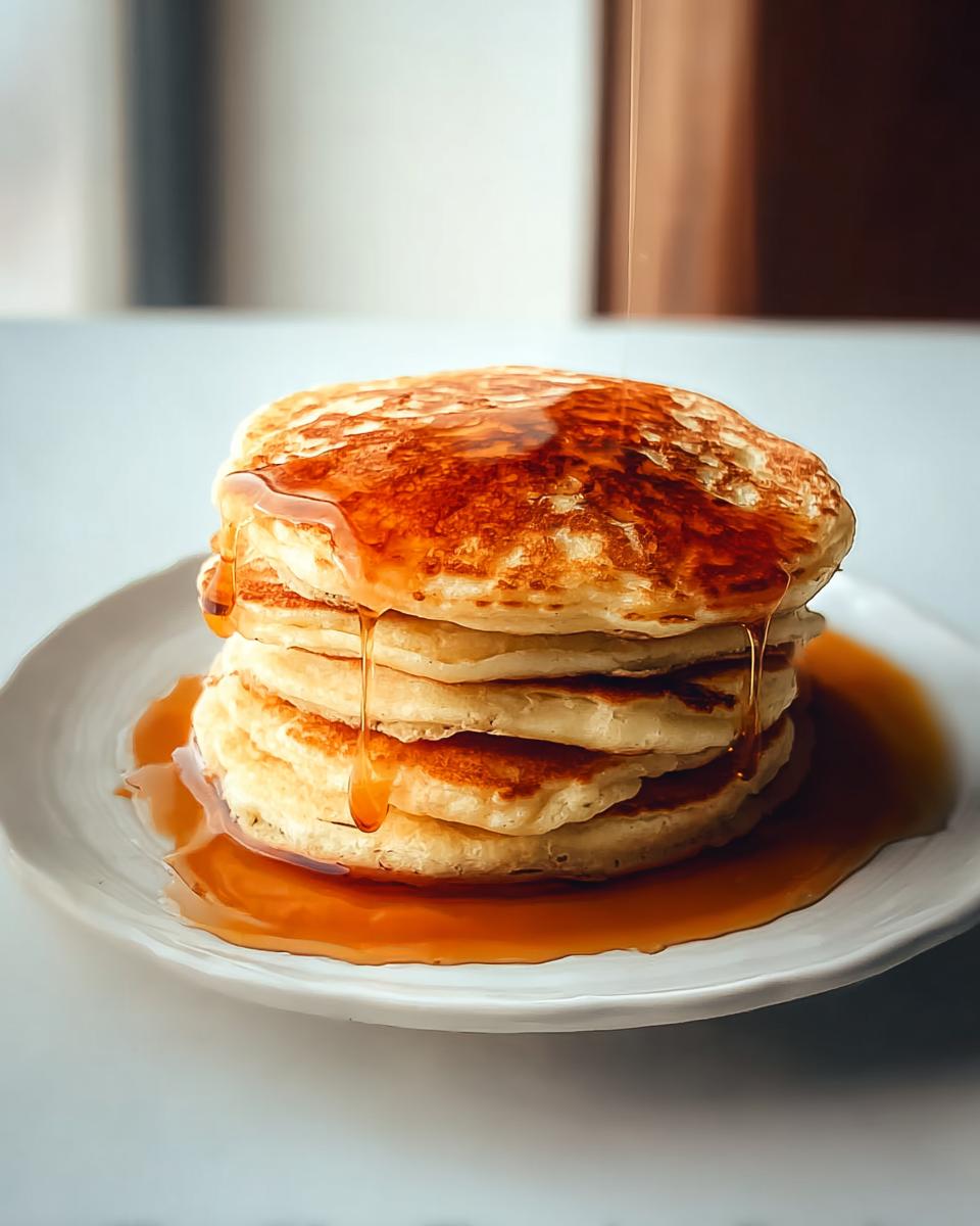 A tall stack of fluffy pancakes drenched in golden maple syrup, a perfect example of breakfast ideas recipes.