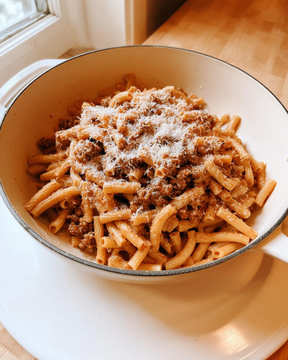 A creamy pasta dish with meat sauce and grated Parmesan cheese, one of 20 Genius Pasta Recipes Ideas for Busy Weeknights.