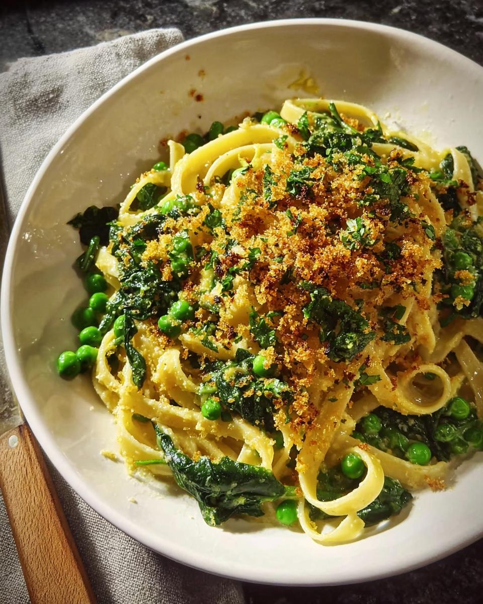 A bowl of creamy pasta with green peas, spinach, and a crunchy breadcrumb topping, perfect for Healthy Meals Recipes in 20 Minutes.
