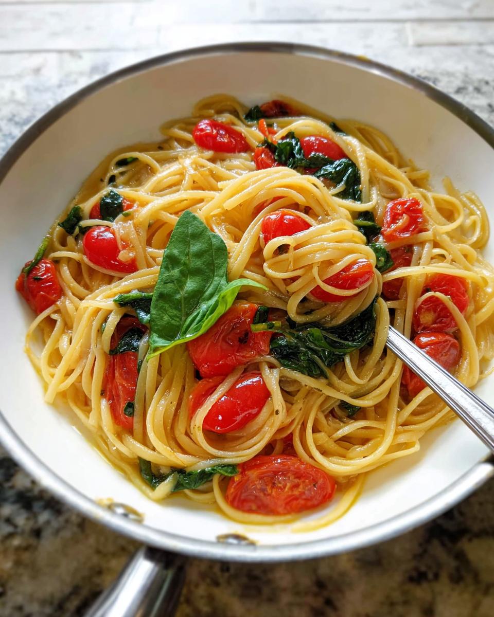 A bowl of linguine pasta tossed with blistered cherry tomatoes, spinach, and basil, perfect for easy dinner recipes meal prep.