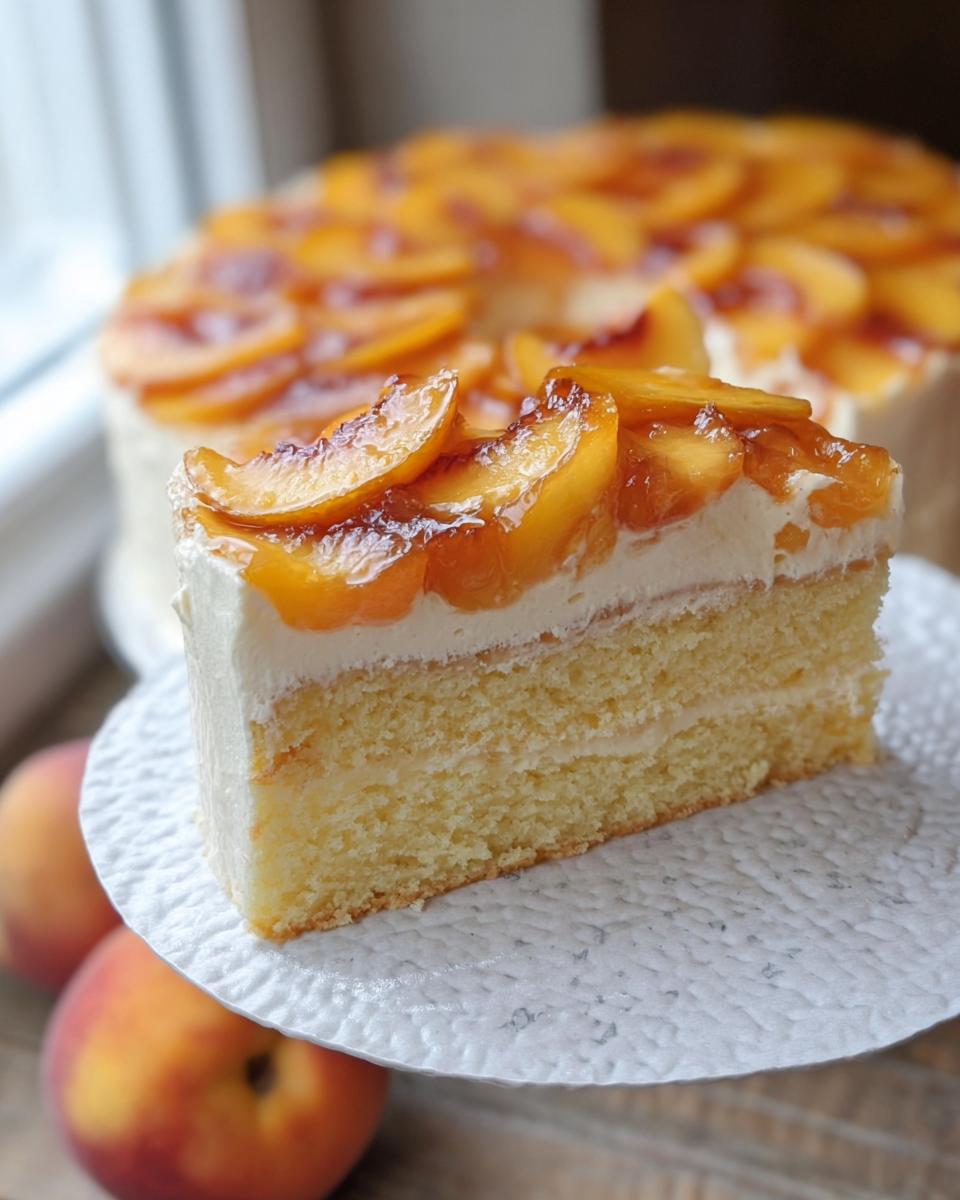 A slice of light yellow layer cake topped with whipped cream and glazed peach slices, part of The Ultimate Cake Ideas Recipes Guide for Beginners.
