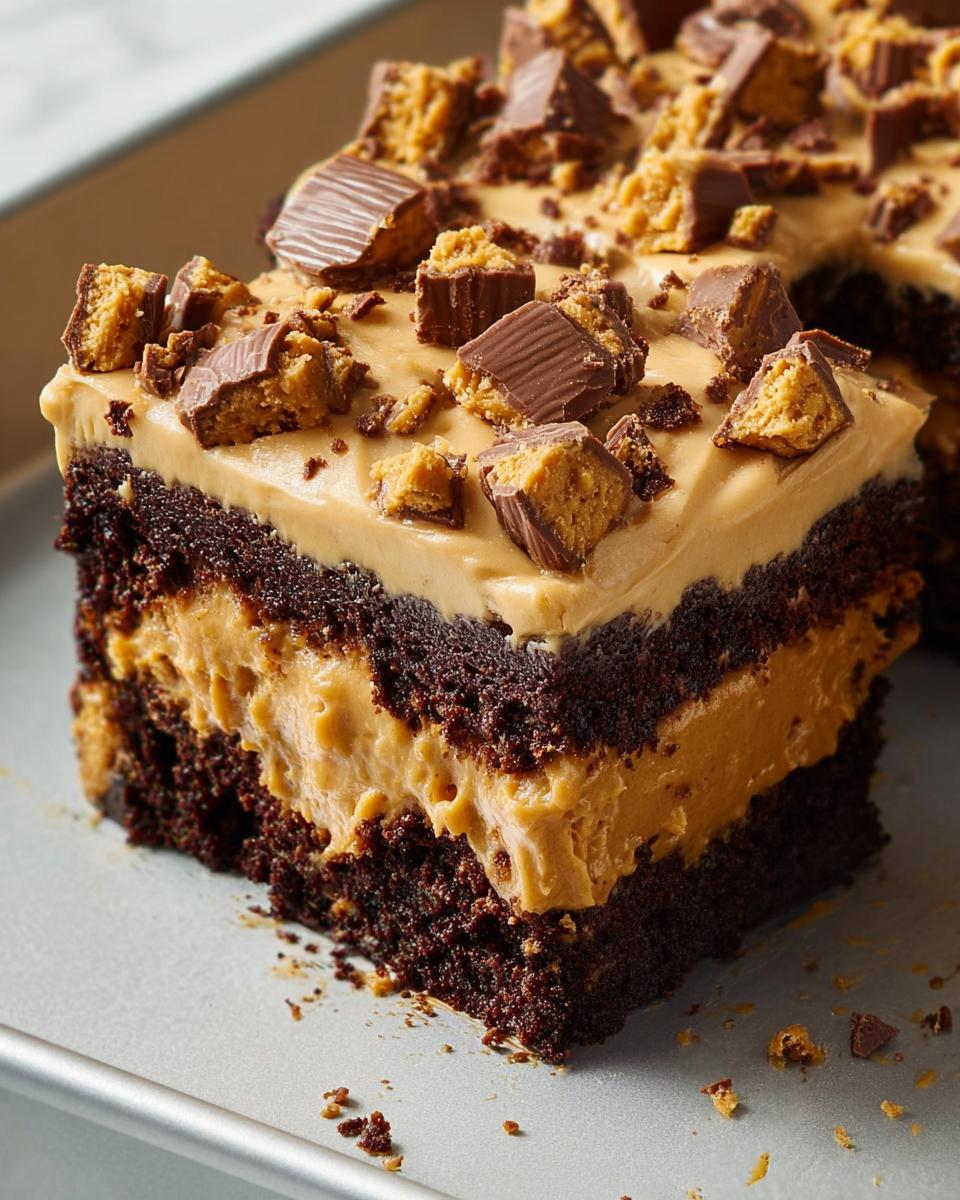 A decadent slice of chocolate cake layered with peanut butter filling and topped with peanut butter frosting and chopped peanut butter cups, perfect for quick Cake Ideas Recipes in 12 Minutes.
