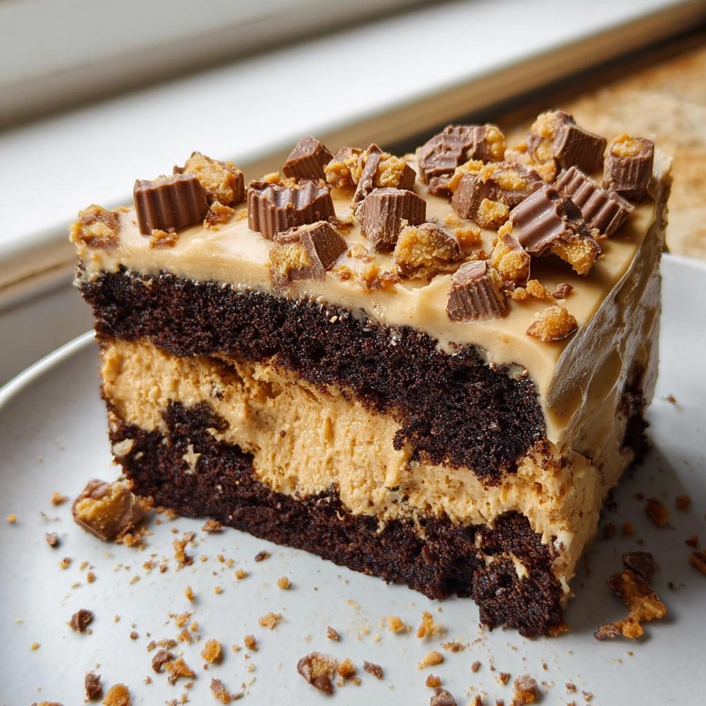 Slice of rich chocolate cake layered with peanut butter frosting, topped with chopped peanut butter cups.