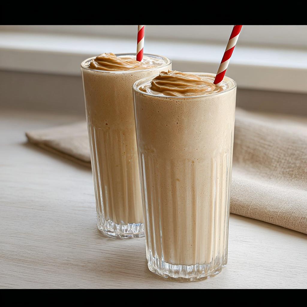 Two tall glasses of creamy peanut butter smoothie topped with a swirl, part of The Ultimate Breakfast Ideas Recipes Guide.