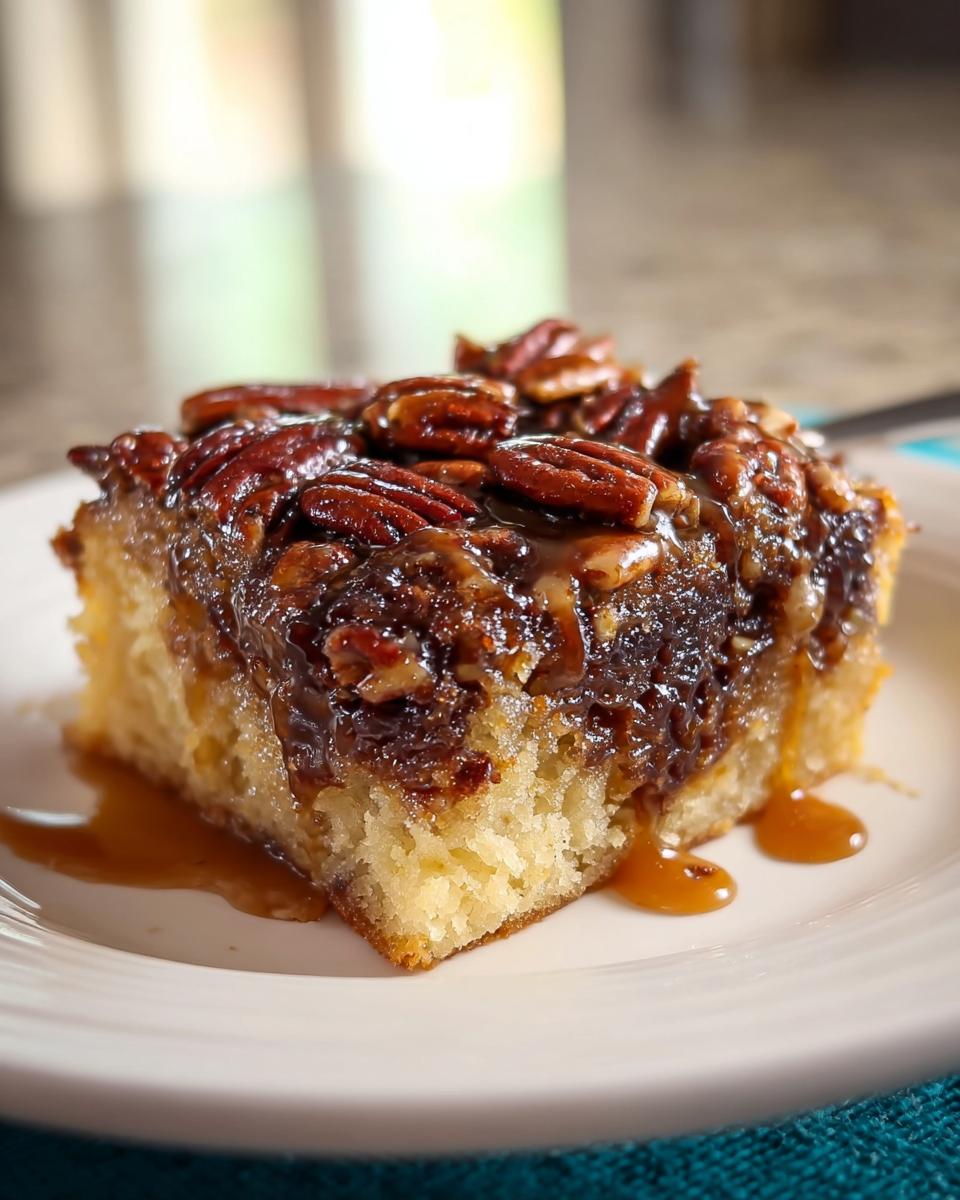 A square slice of moist cake topped with sticky caramel and whole pecans, one of the 15 Genius Cake Ideas Recipes.