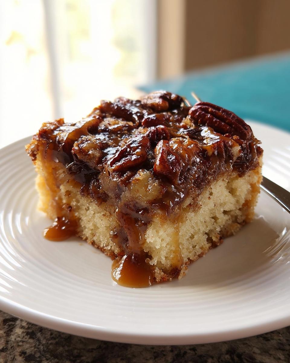 A square slice of moist cake topped with sticky caramel and pecans, one of the 15 Genius Cake Ideas Recipes.