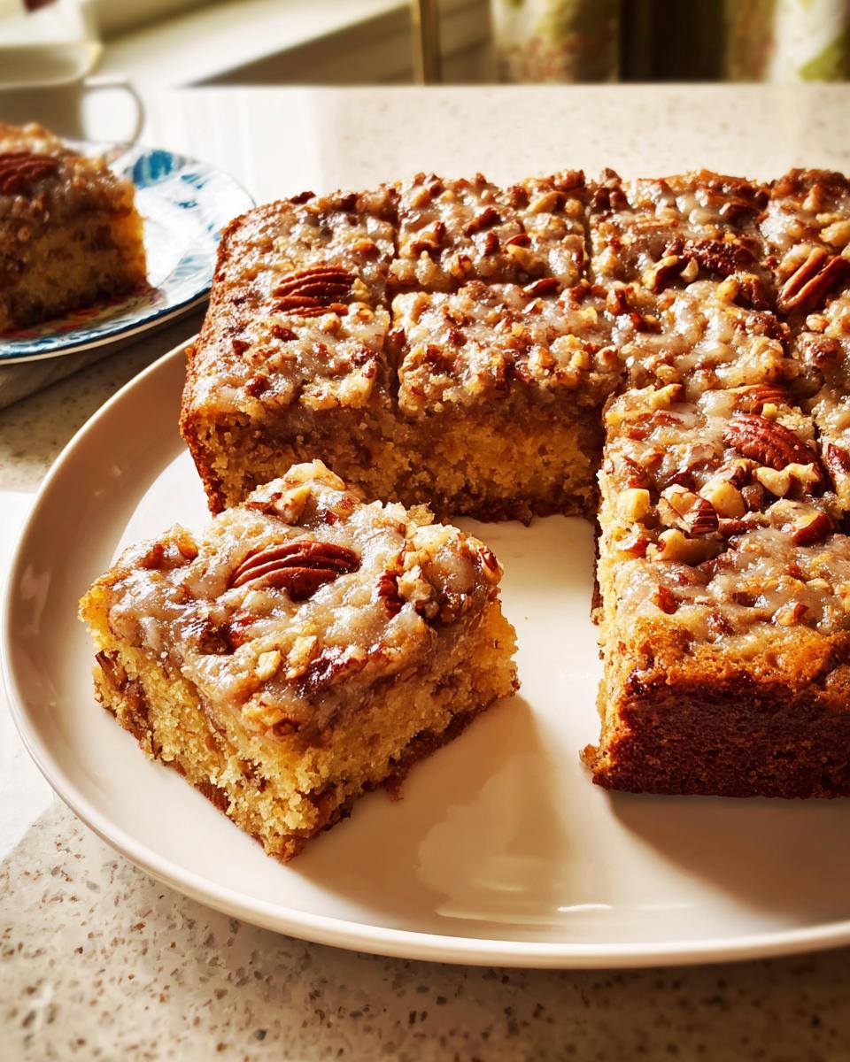 A square slice of pecan-topped glazed cake ready to serve, part of a larger cake, fitting Restaurant-Style Cake Ideas Recipes at Home.