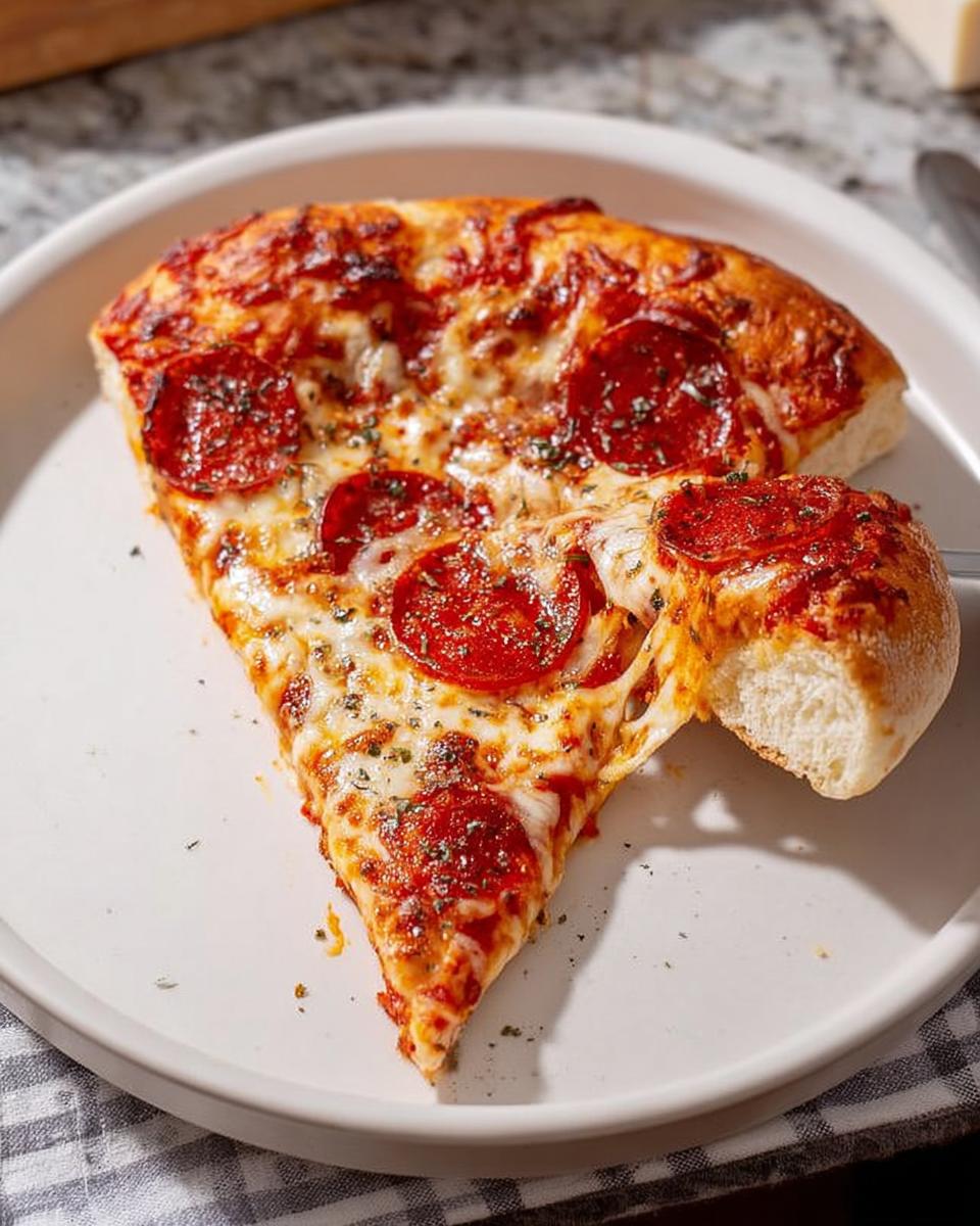 A close-up of a slice of pepperoni pizza with melted cheese stretching as the crust is pulled away, perfect for Pizza Night Recipes Meal Prep.