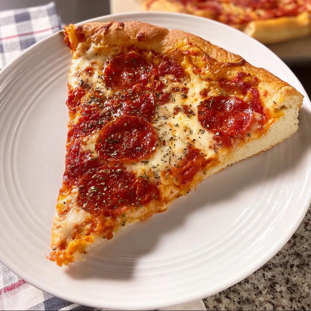 A thick, cheesy slice of pepperoni pizza sprinkled with herbs, ready for Pizza Night Recipes Meal Prep.