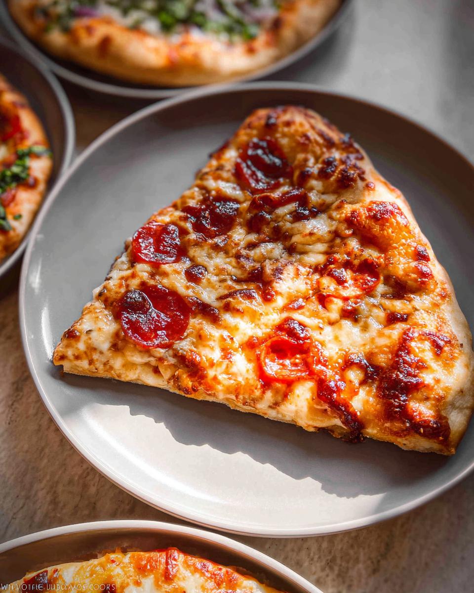 A close-up of a perfectly baked pepperoni pizza slice on a grey plate, part of The Ultimate Pizza Night Recipes Guide for Beginners.