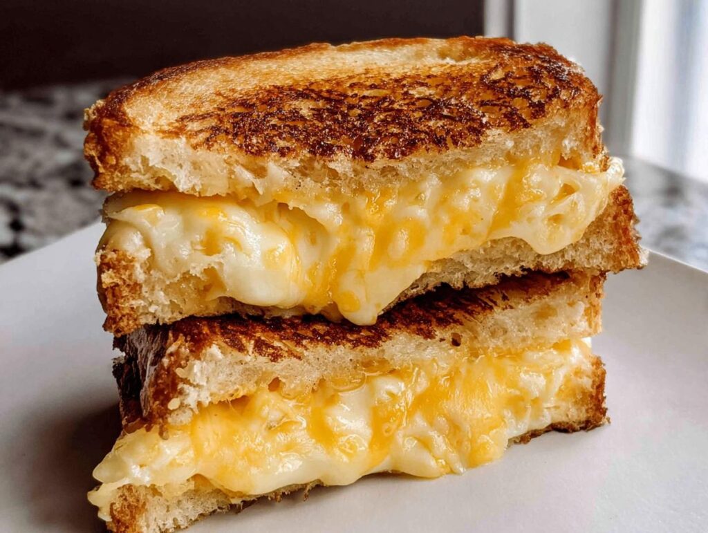 A close-up of a perfectly golden brown grilled cheese recipe sandwich cut in half and stacked, showing gooey melted cheese.