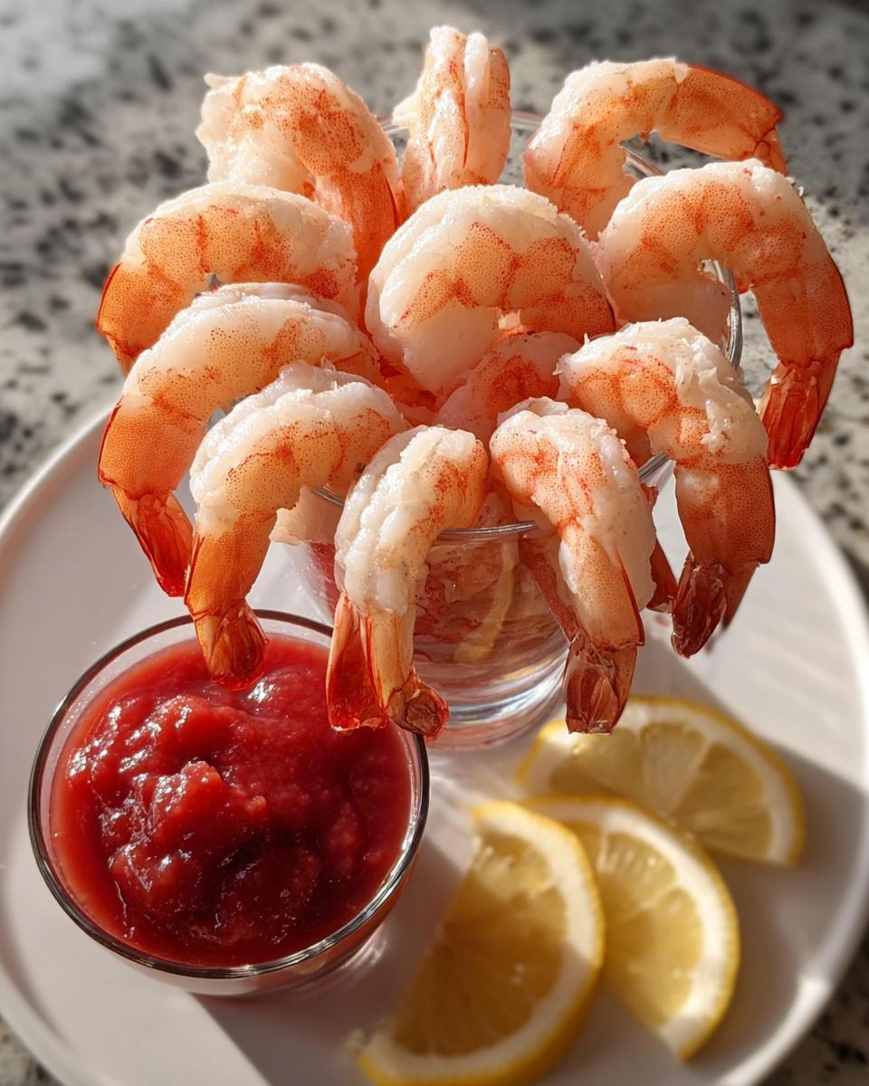 A glass filled with perfectly cooked, chilled shrimp ready for dipping, served with cocktail sauce and lemon slices.