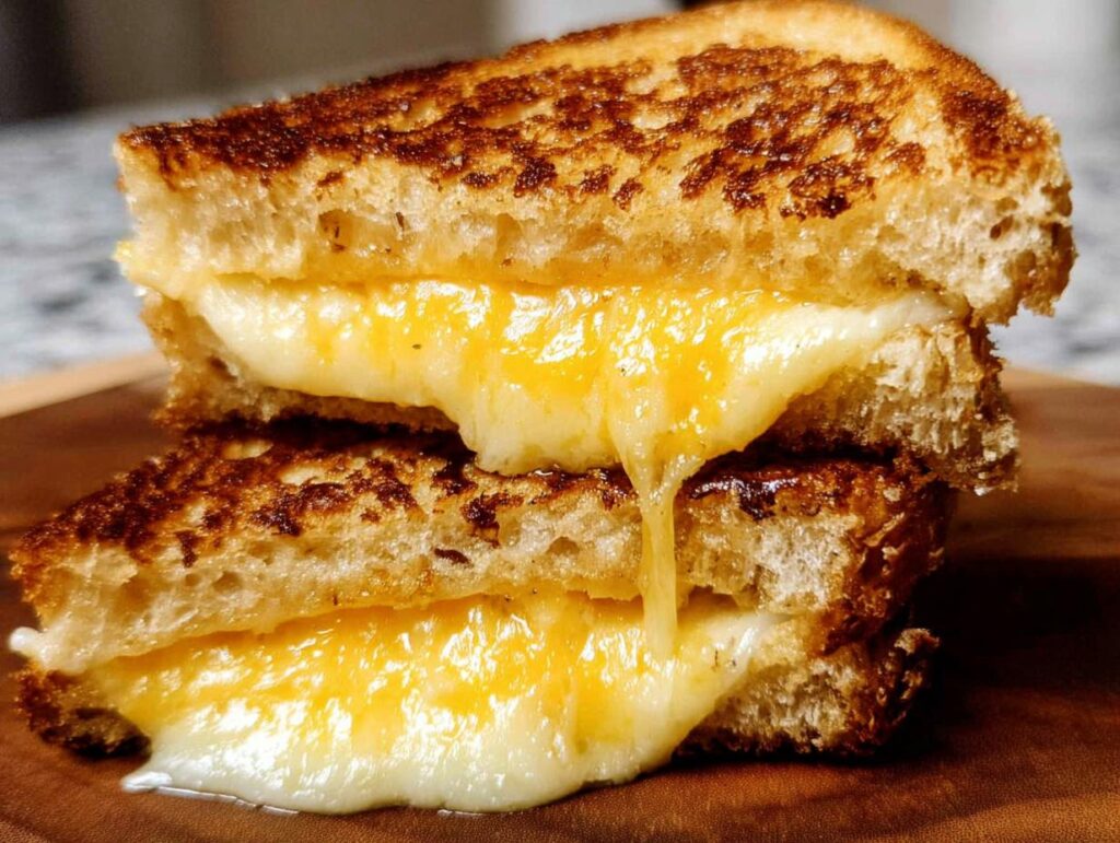 Close-up of a stacked, perfectly golden grilled cheese sandwich with melted cheese oozing out.