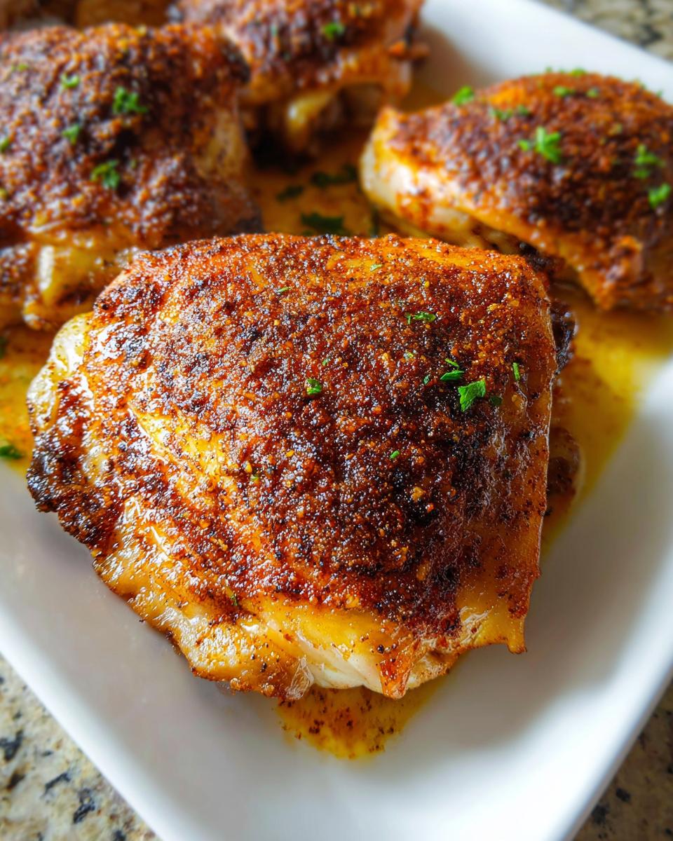 Close-up of perfectly cooked, crispy chicken thigh recipes with a rich, dark spice rub and pan juices.