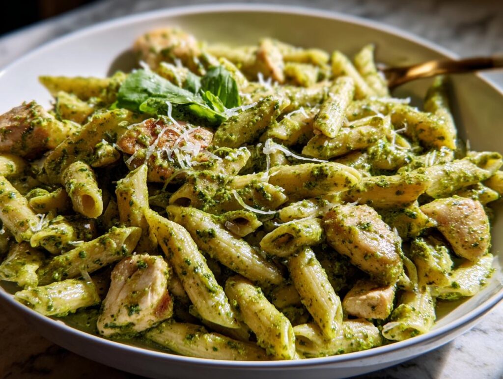 Close-up of penne pasta tossed with chunks of chicken in bright green pesto sauce, topped with Parmesan and basil.