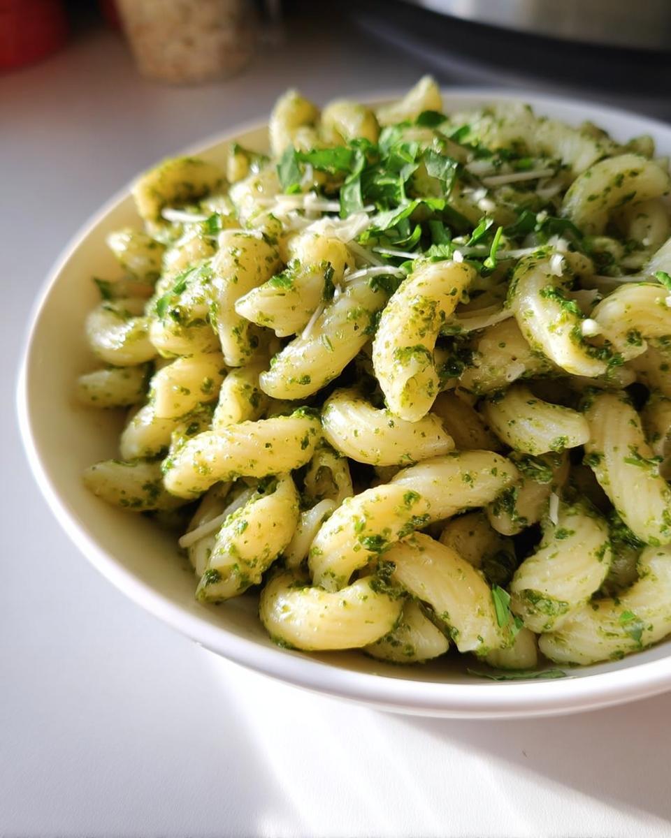 A close-up of elbow macaroni tossed in vibrant green pesto sauce, topped with grated cheese and fresh parsley, perfect for Pasta Recipes in 10 Minutes.