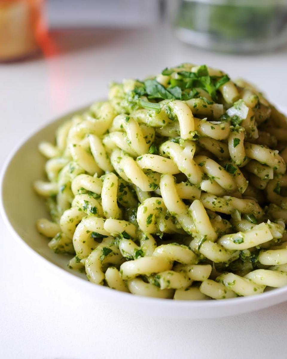 Close-up of short, twisted pasta tossed in vibrant green pesto sauce, perfect for quick Pasta Recipes in 10 Minutes.