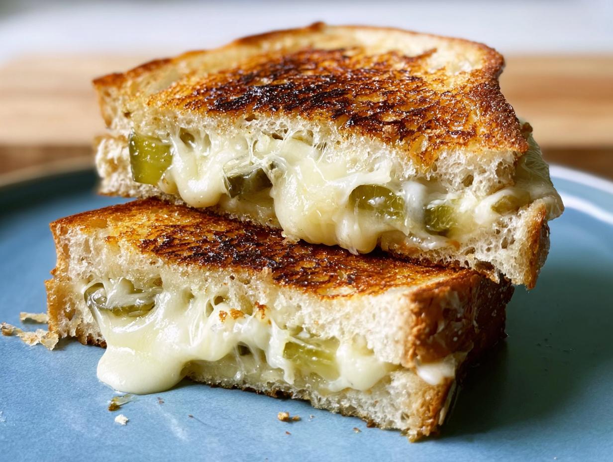 Close-up of a grilled cheese sandwich cut in half, showing melted cheese and pickle slices, a great idea for 20 Genius Grilled Cheese Recipes Ideas.