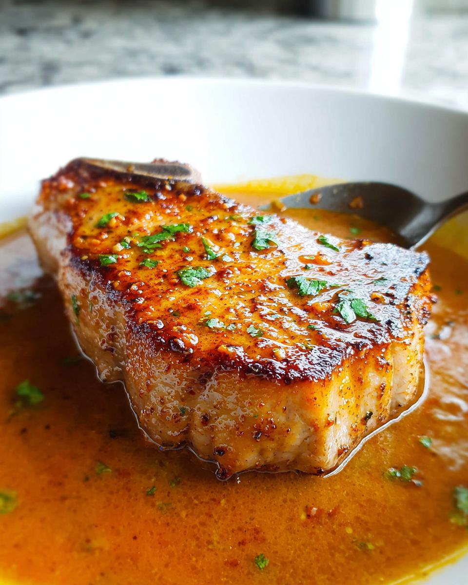 Close-up of a thick, bone-in pork chop seared and covered in a rich orange sauce, part of The Ultimate Pork Chops Recipes Guide for Beginners.