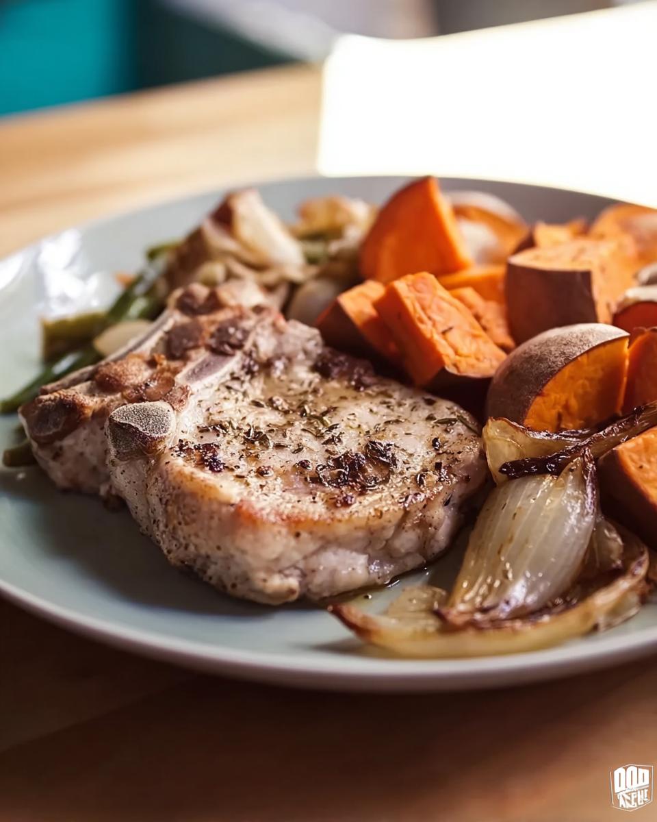 A close-up of a juicy, seasoned pork chops recipe served with roasted sweet potatoes and onions.