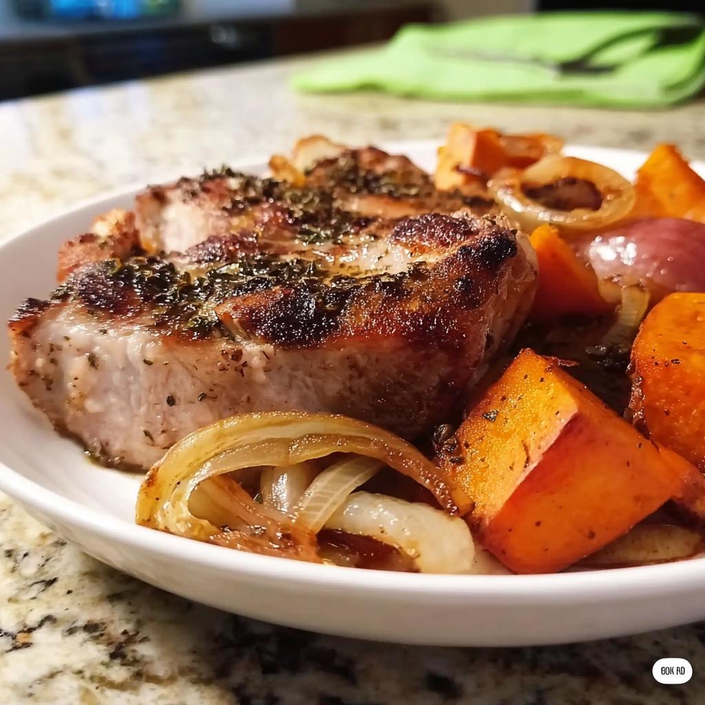 Close-up of a juicy, herb-crusted pork chops recipe served with roasted sweet potatoes and caramelized onions.