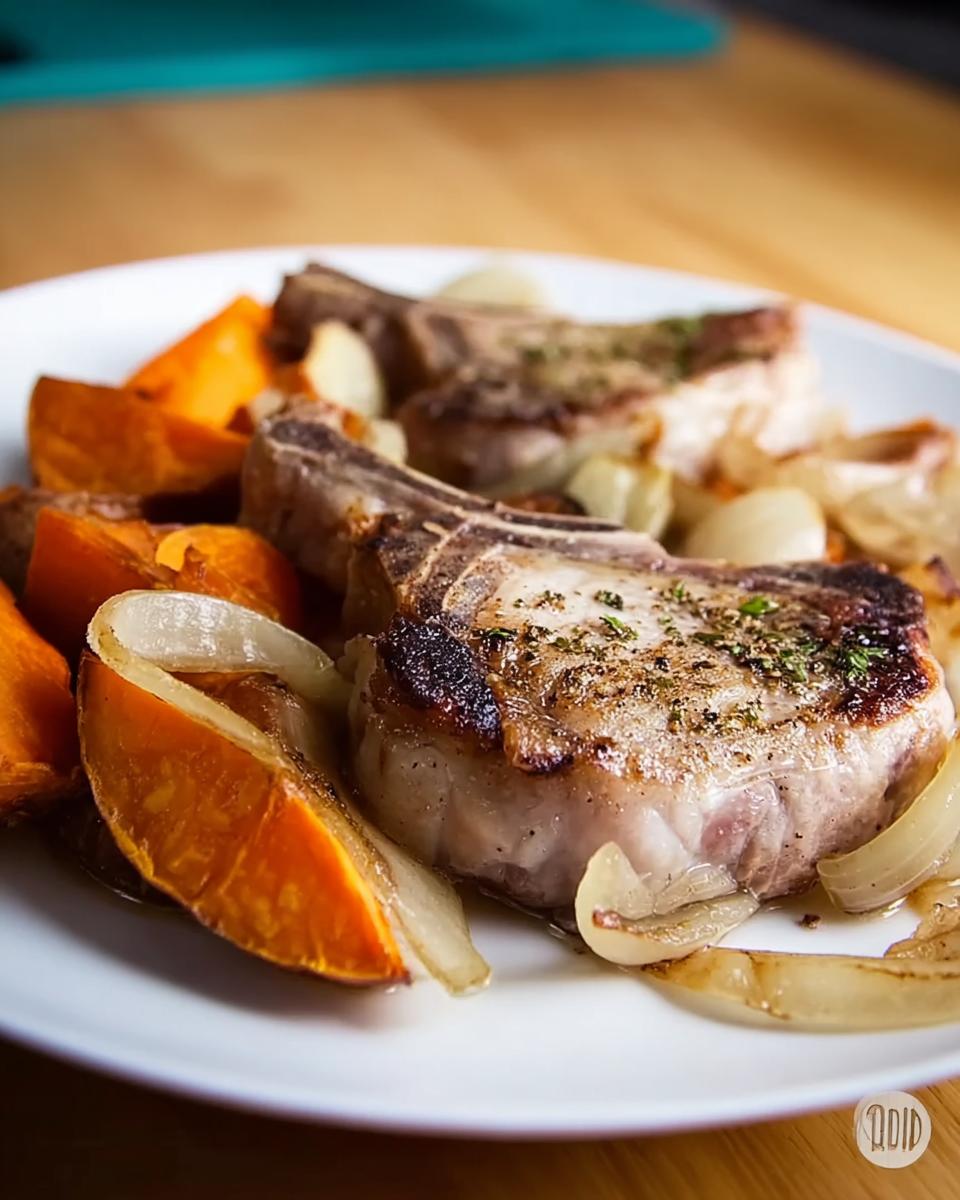 Close-up of two thick, bone-in pork chops recipes served with roasted onions and sweet potatoes.