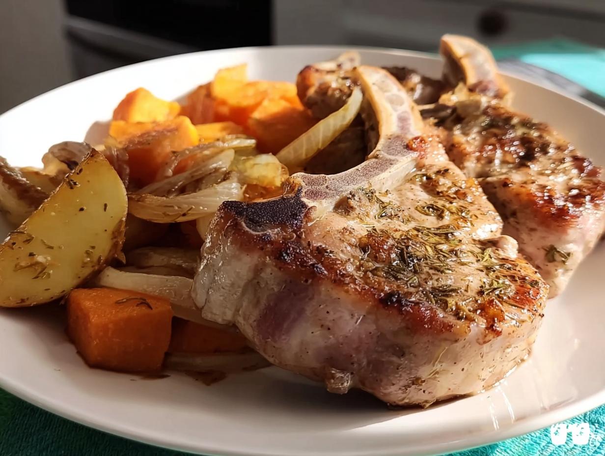 Two bone-in pork chops recipes seasoned with herbs served alongside roasted potatoes, carrots, and onions on a white plate.