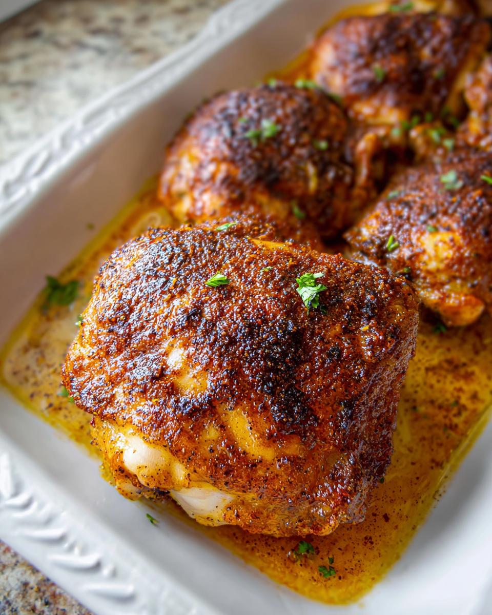 Close-up of beautifully seasoned and baked chicken thigh recipes with crispy skin in a white dish.