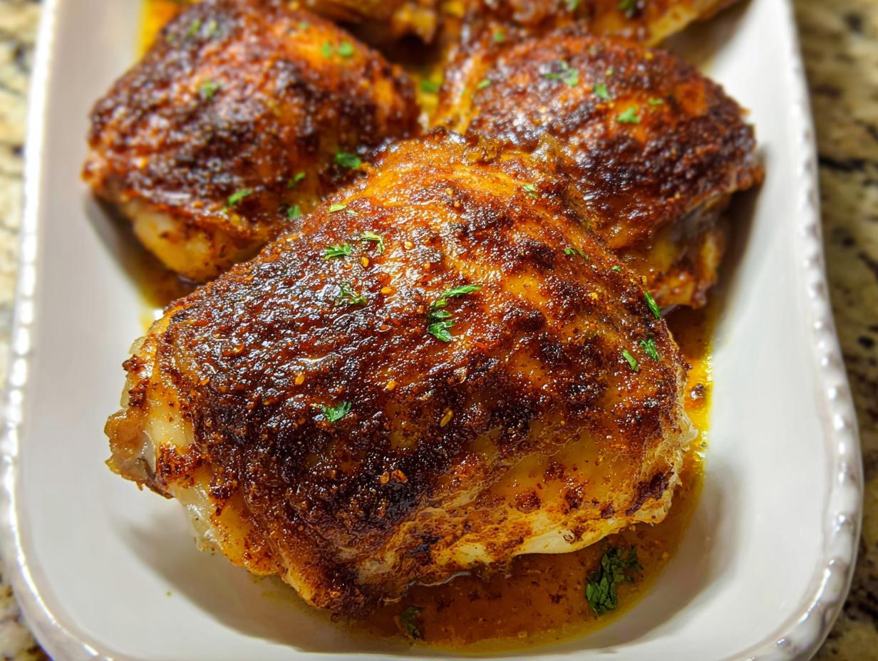 Close-up of beautifully browned, seasoned chicken thigh recipes with crispy skin resting in savory pan juices.