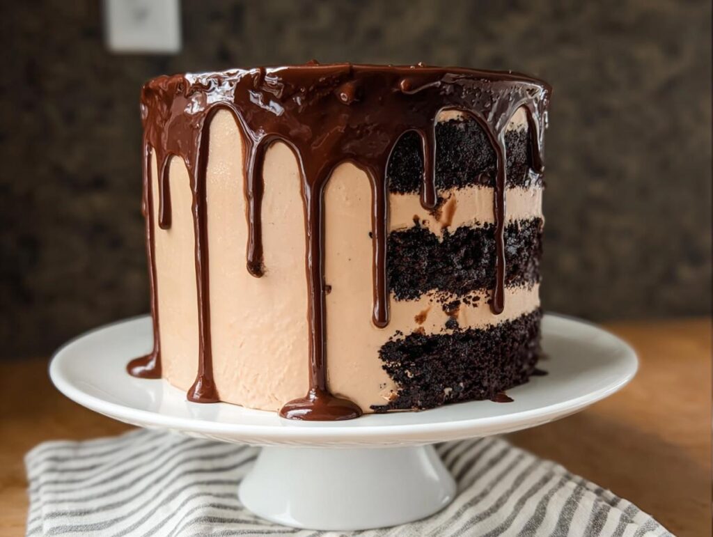 A tall, layered chocolate cake with light brown frosting and a rich dark chocolate drip, perfect for cake ideas recipes.