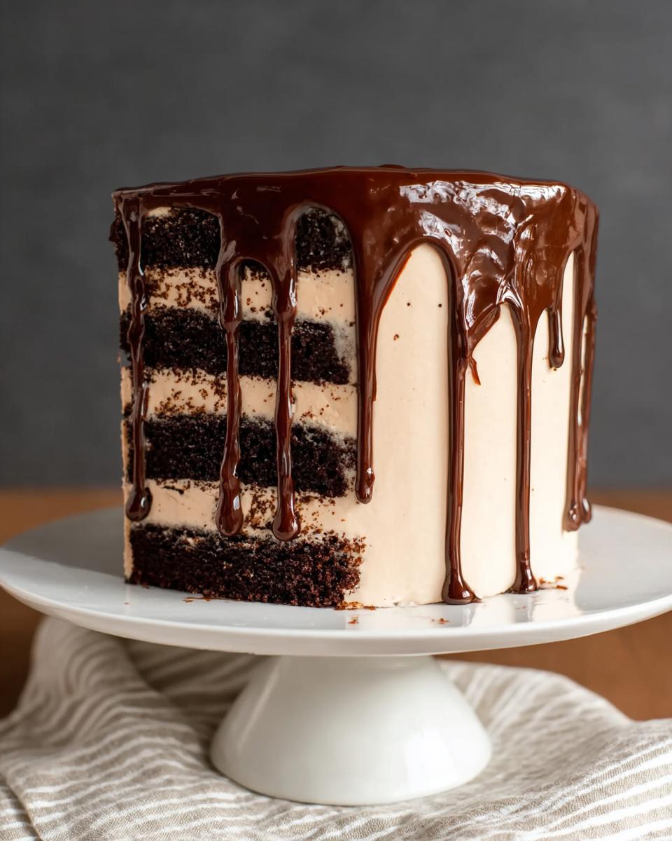 A tall, square chocolate layer cake with light brown frosting and a rich chocolate ganache drip, showcasing professional cake ideas.