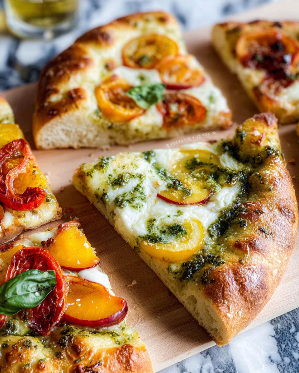 Close-up of thick-crust pizza slices topped with pesto, mozzarella, and yellow tomatoes for How to Make Pizza Night Recipes Like a Pro.