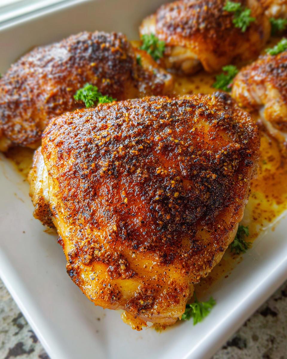 Close-up of perfectly cooked, seasoned chicken thigh recipes with crispy skin resting in pan juices.