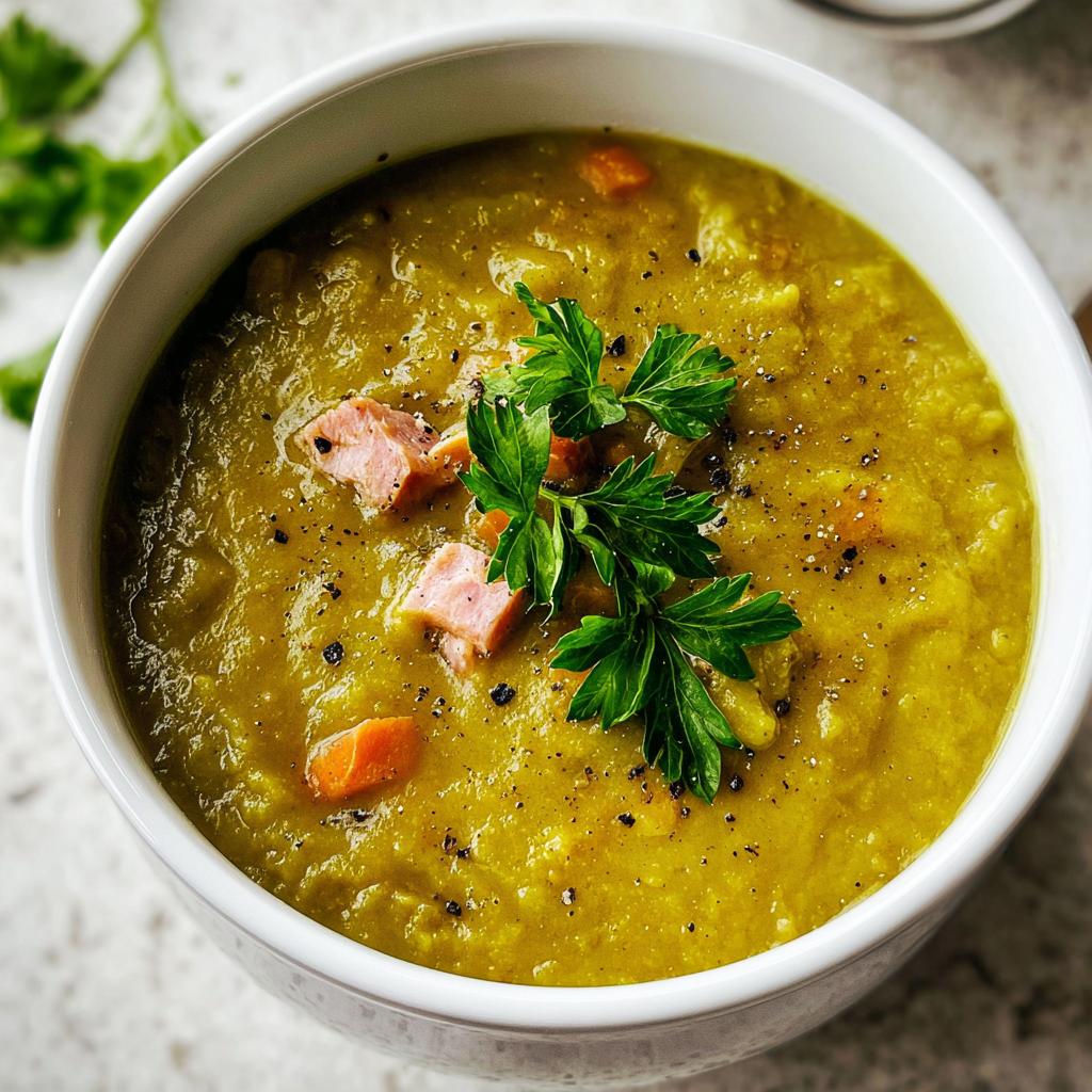 Close-up of thick, green split pea soup topped with ham cubes, carrots, and fresh parsley garnish.