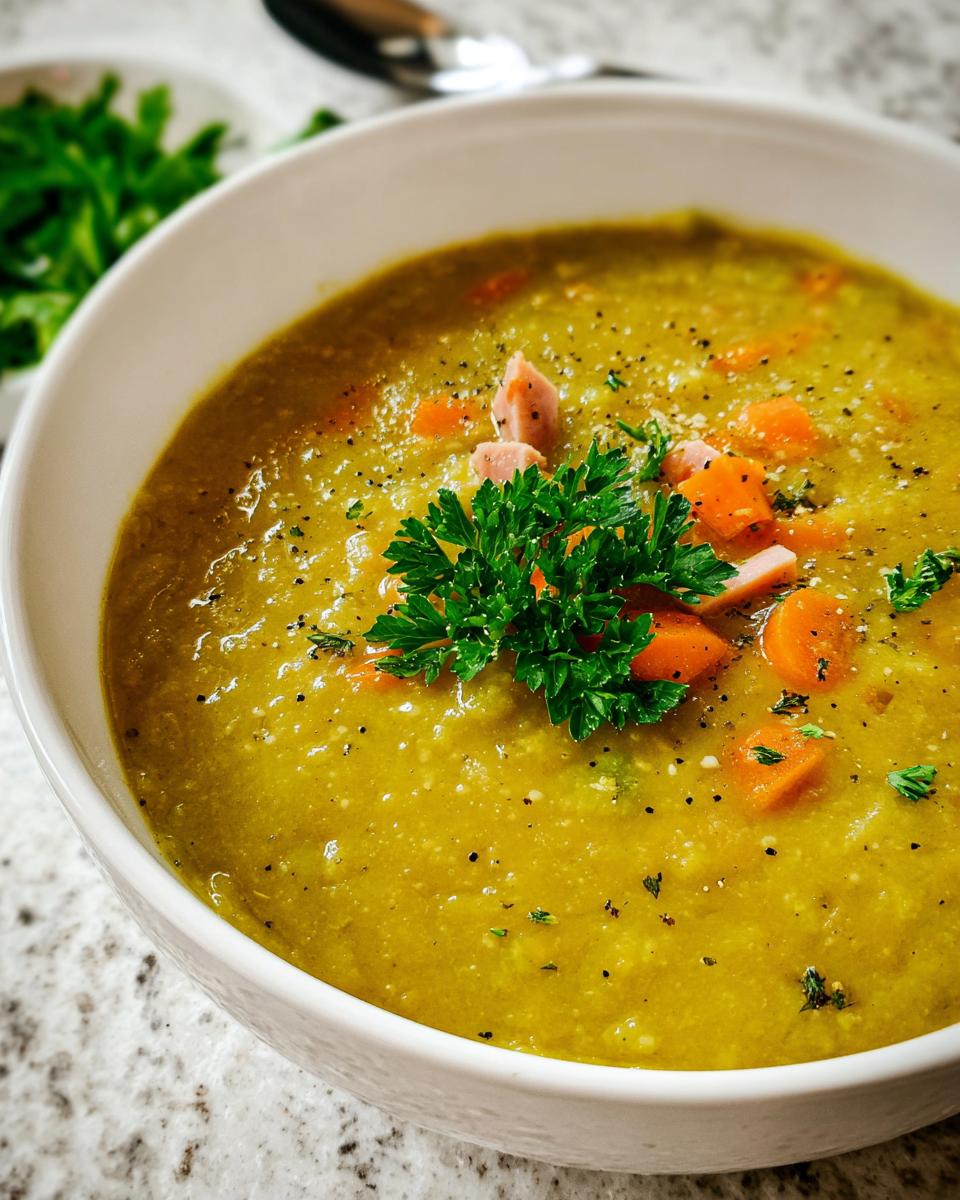 Close-up of thick, yellow-green split pea soup garnished with carrots, ham, and parsley, illustrating how to make soup recipes like a pro.