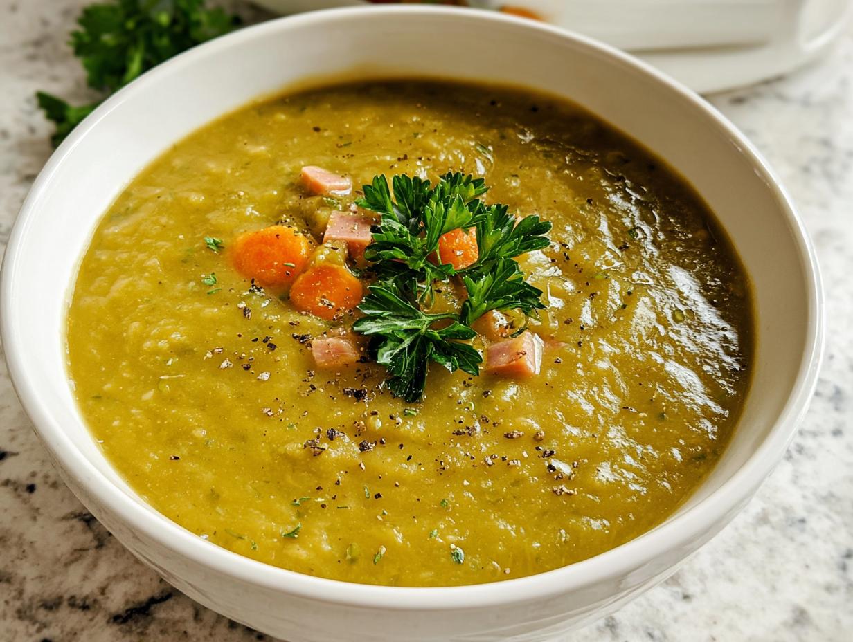 Close-up of thick, green split pea soup topped with ham, carrots, parsley, and black pepper, demonstrating how to make soup recipes.